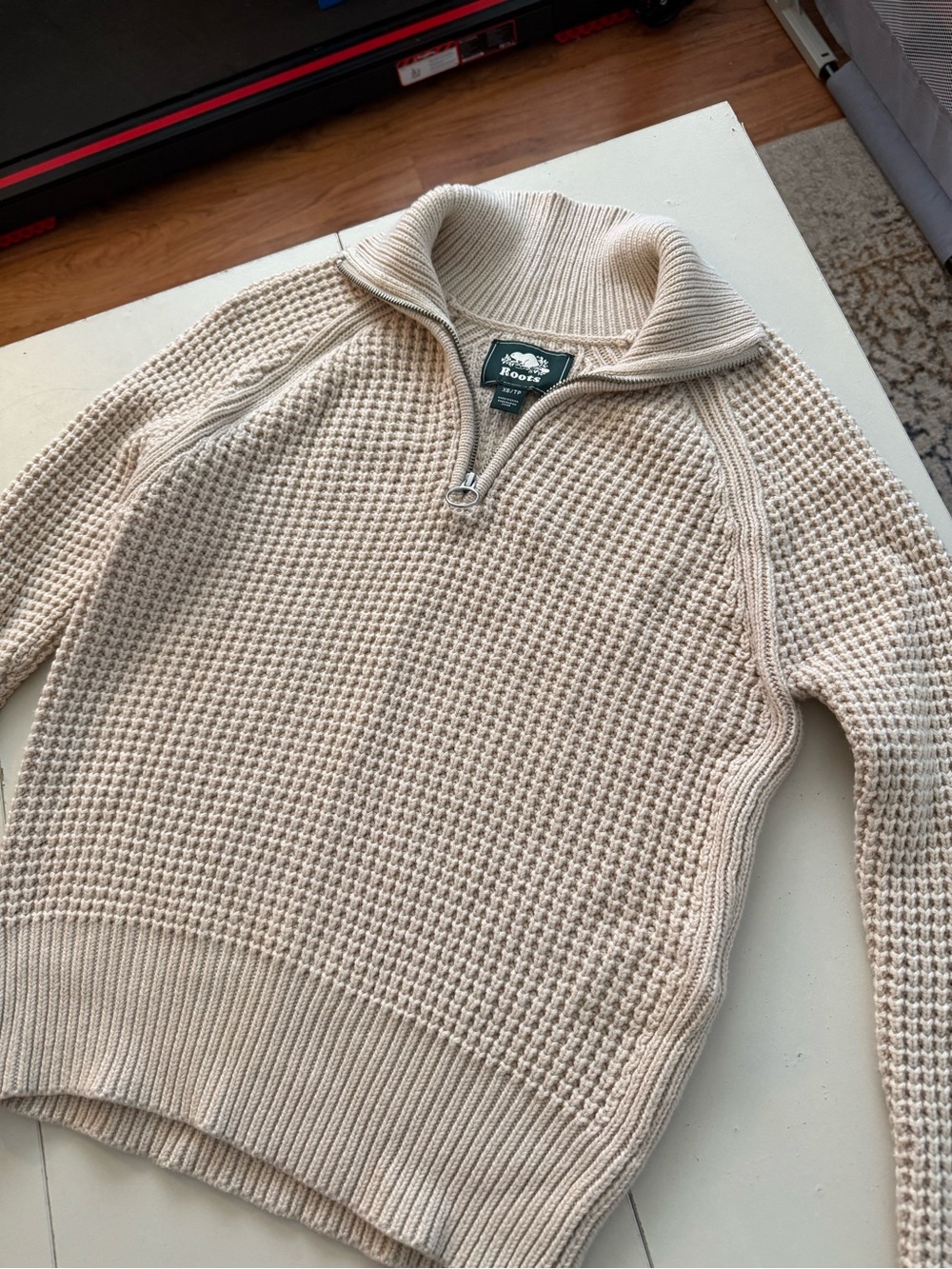 Roots Cream Beige Ribbed Waffle Knit 1/4 Zip Pullover Sweater Heritage Cabin XS - Picture 3 of 7